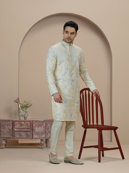 Cream & Sky Blue Embroidered Kurta Pajama | Virasana