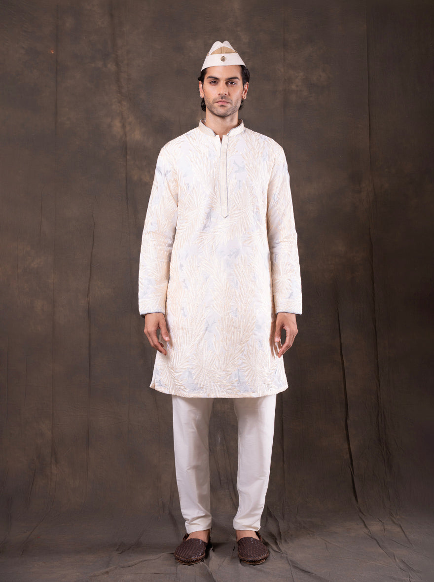 Cream & Sky Blue Embroidered Kurta Pajama | Virasana