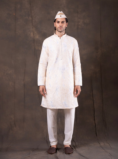Cream & Sky Blue Embroidered Kurta Pajama | Virasana