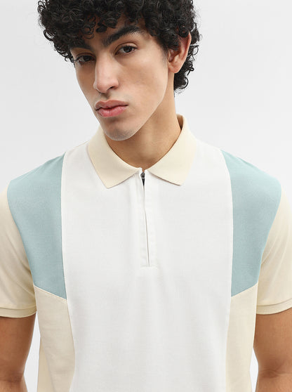 White & Mint Striped Slim Fit Polo T-Shirt | JadeBlue