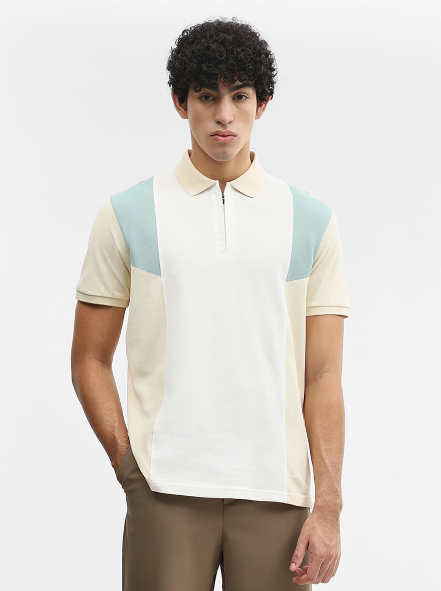 White & Mint Striped Slim Fit Polo T-Shirt | JadeBlue