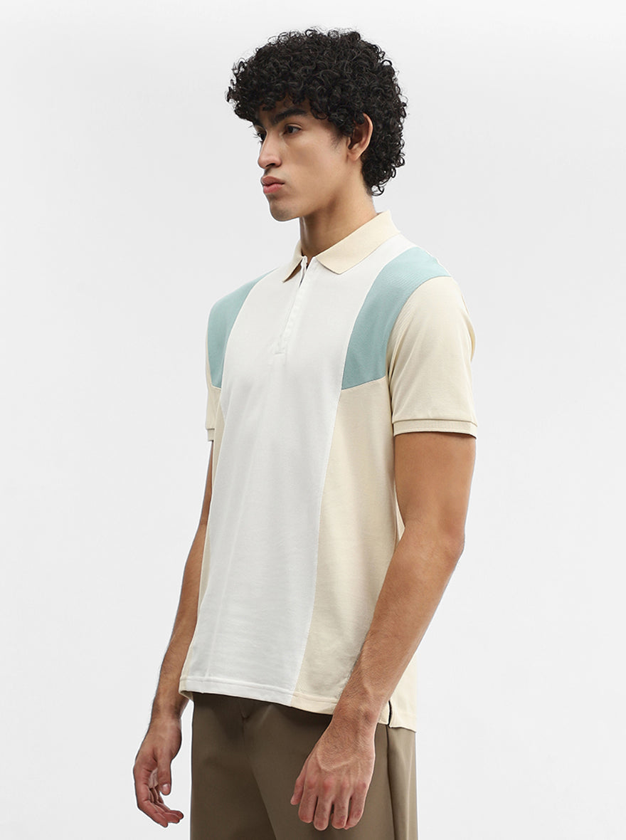 White & Mint Striped Slim Fit Polo T-Shirt | JadeBlue