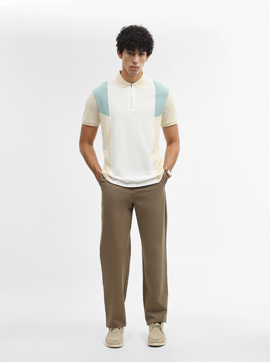White & Mint Striped Slim Fit Polo T-Shirt | JadeBlue