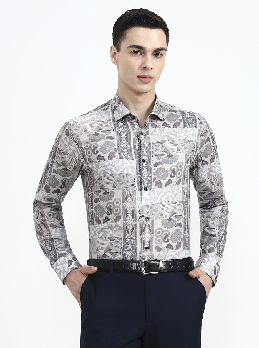Grey & Brown Printed Slim Fit Party Wear Shirt | Wyre