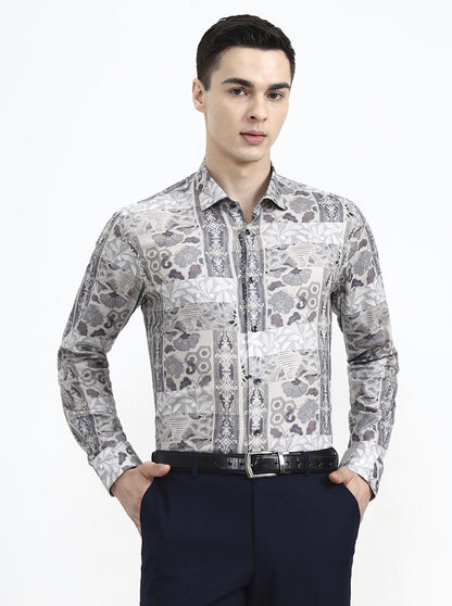 Grey & Brown Printed Slim Fit Party Wear Shirt | Wyre