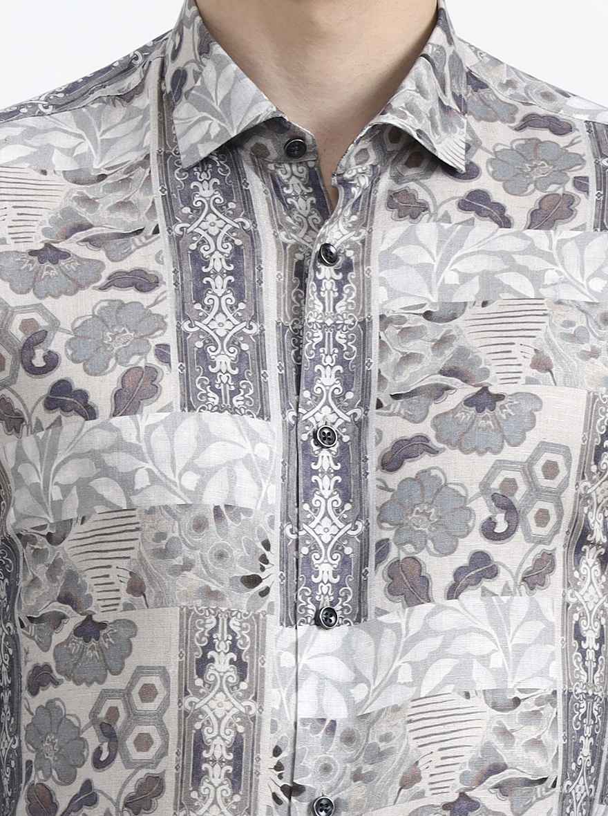 Grey & Brown Printed Slim Fit Party Wear Shirt | Wyre