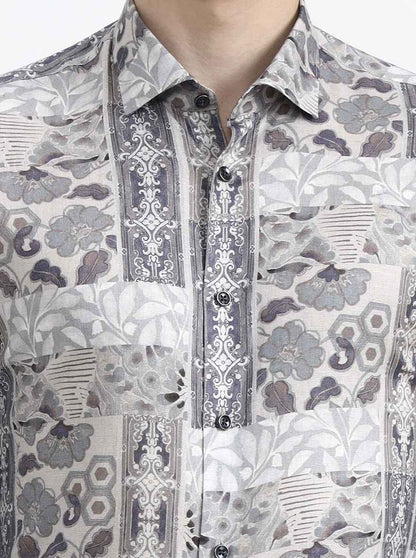 Grey & Brown Printed Slim Fit Party Wear Shirt | Wyre