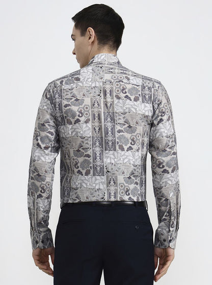 Grey & Brown Printed Slim Fit Party Wear Shirt | Wyre