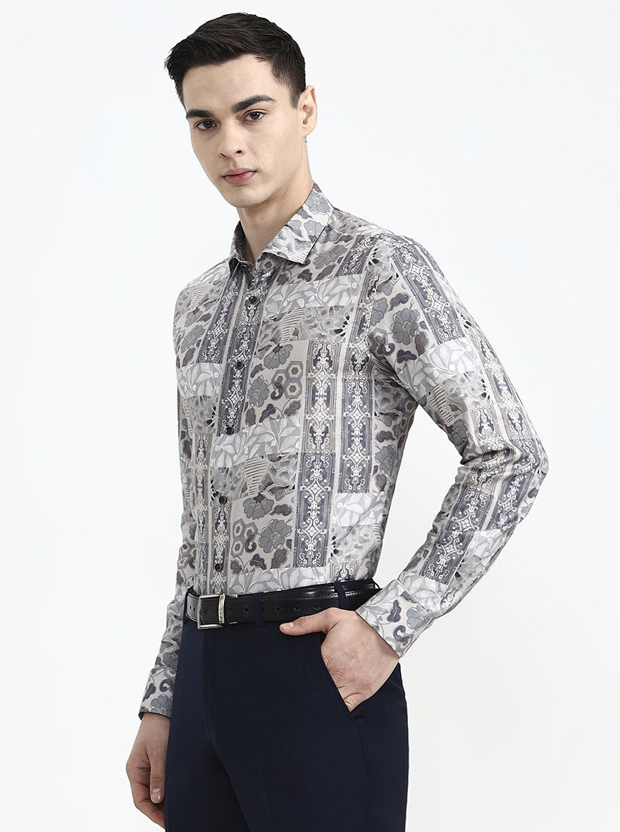 Grey & Brown Printed Slim Fit Party Wear Shirt | Wyre