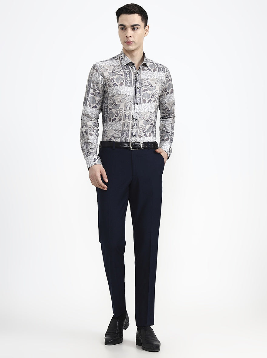 Grey & Brown Printed Slim Fit Party Wear Shirt | Wyre