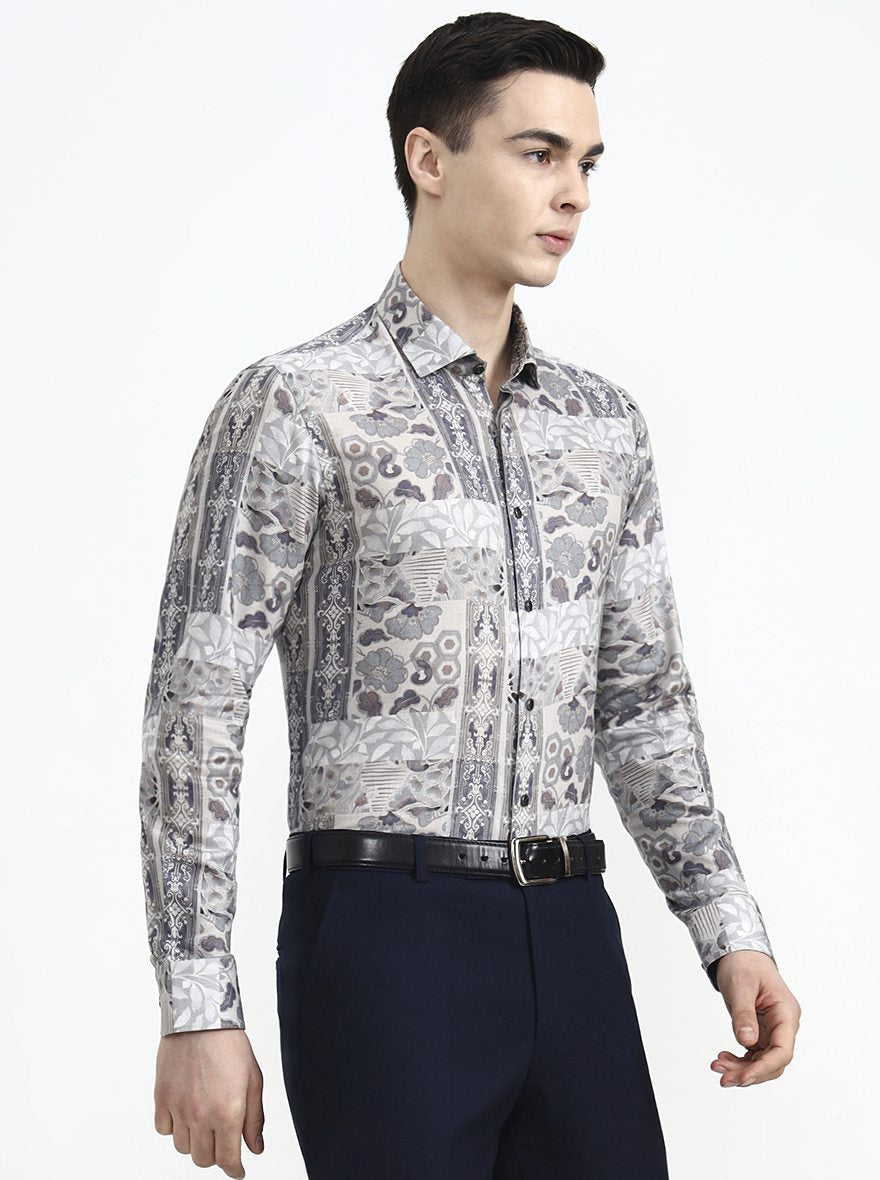 Grey & Brown Printed Slim Fit Party Wear Shirt | Wyre