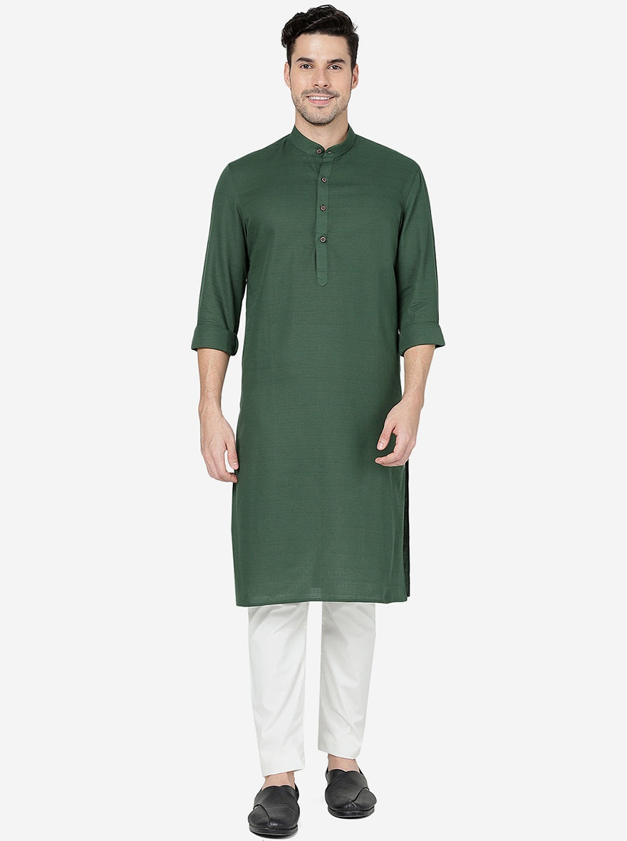 Bottle Green Solid Regular Fit Modi Kurta | JadeBlue