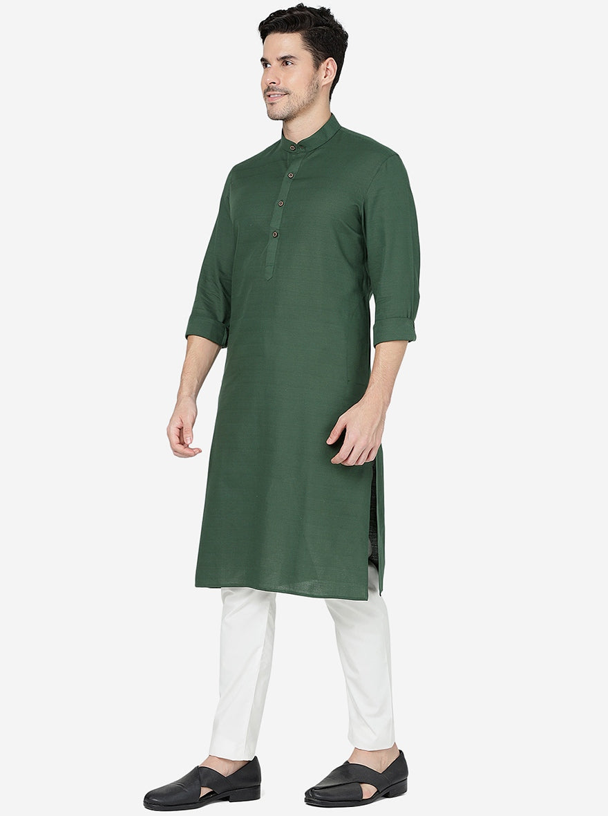 Bottle Green Solid Regular Fit Modi Kurta | JadeBlue