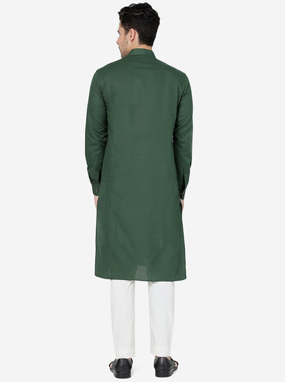Bottle Green Solid Regular Fit Modi Kurta | JadeBlue