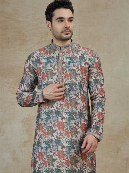 Green &  Orange Printed Kurta Pajama | Virasana