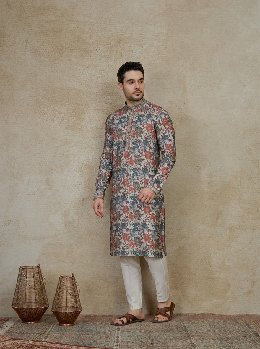 Green &  Orange Printed Kurta Pajama | Virasana