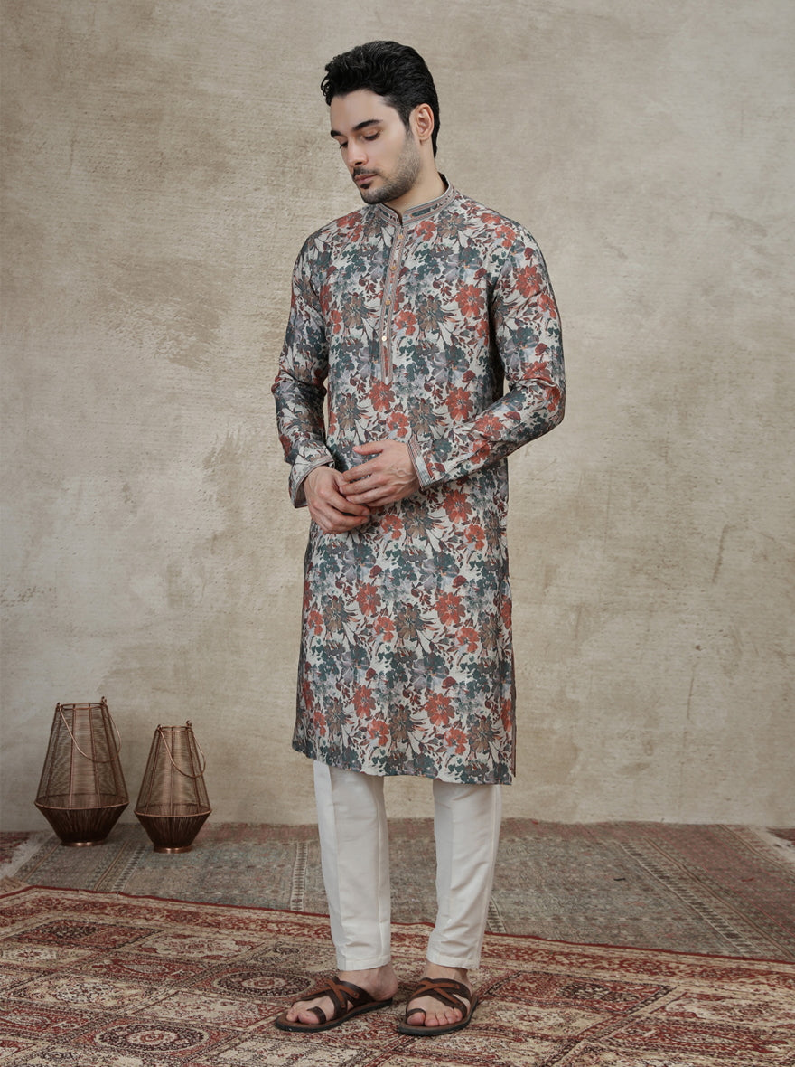 Green &  Orange Printed Kurta Pajama | Virasana