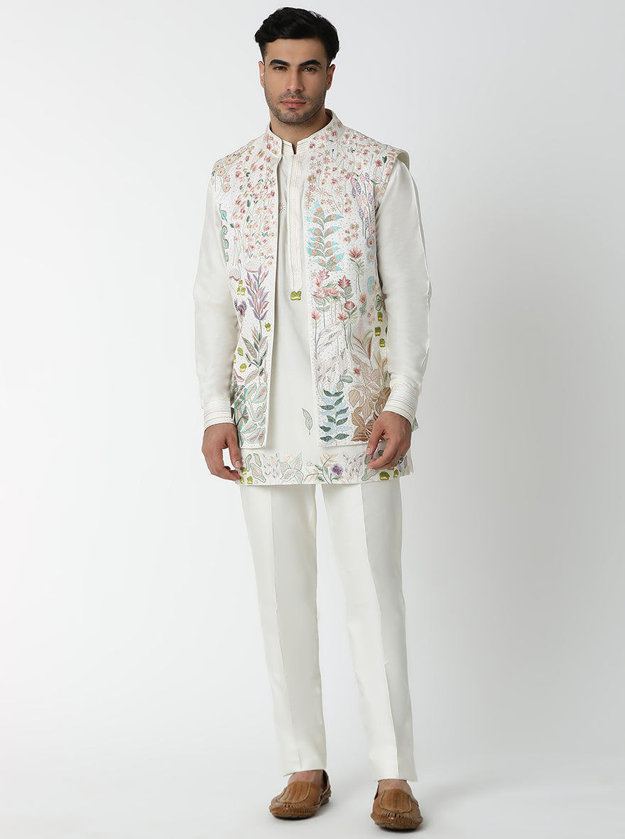 Cream Embroidered Kurta Pajama with Koti | TULA