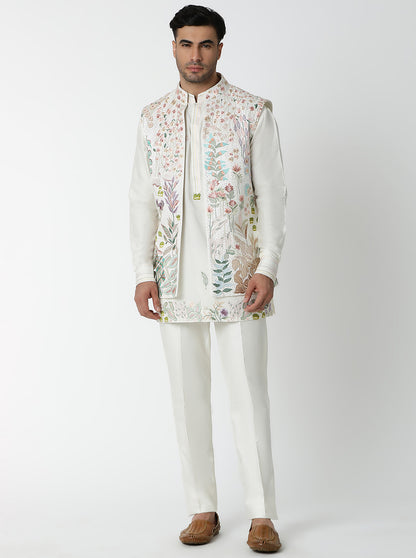 Cream Embroidered Kurta Pajama with Koti | TULA