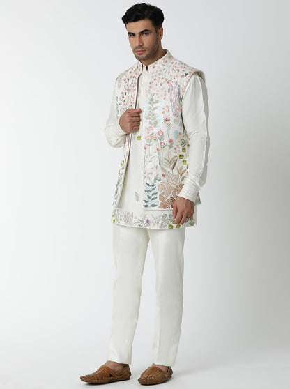 Cream Embroidered Kurta Pajama with Koti | TULA