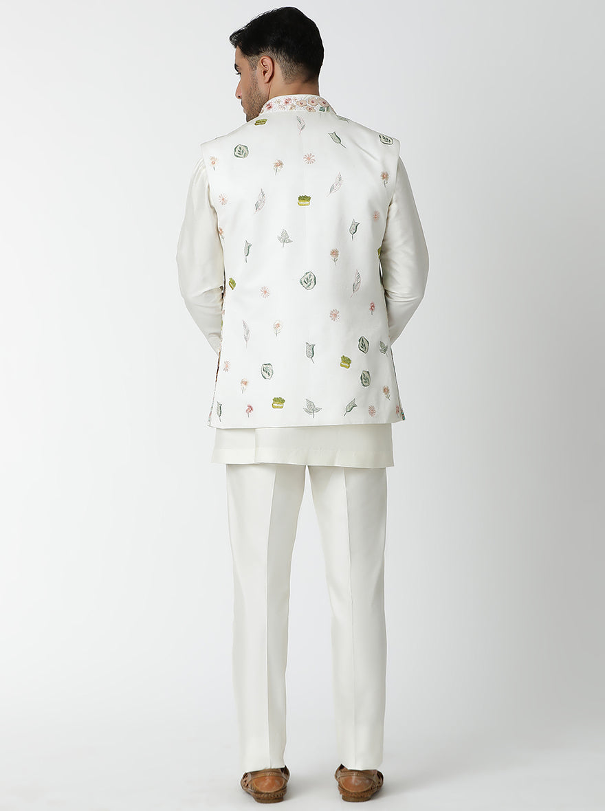 Cream Embroidered Kurta Pajama with Koti | TULA