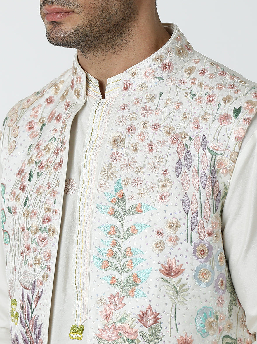 Cream Embroidered Kurta Pajama with Koti | TULA