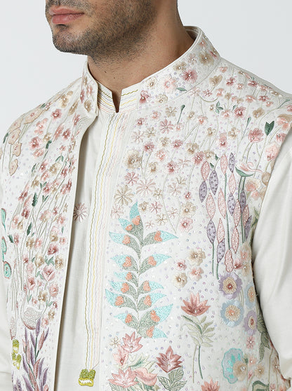 Cream Embroidered Kurta Pajama with Koti | TULA