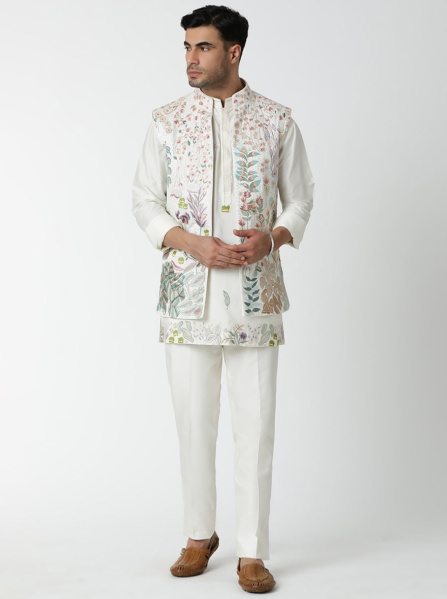 Cream Embroidered Kurta Pajama with Koti | TULA