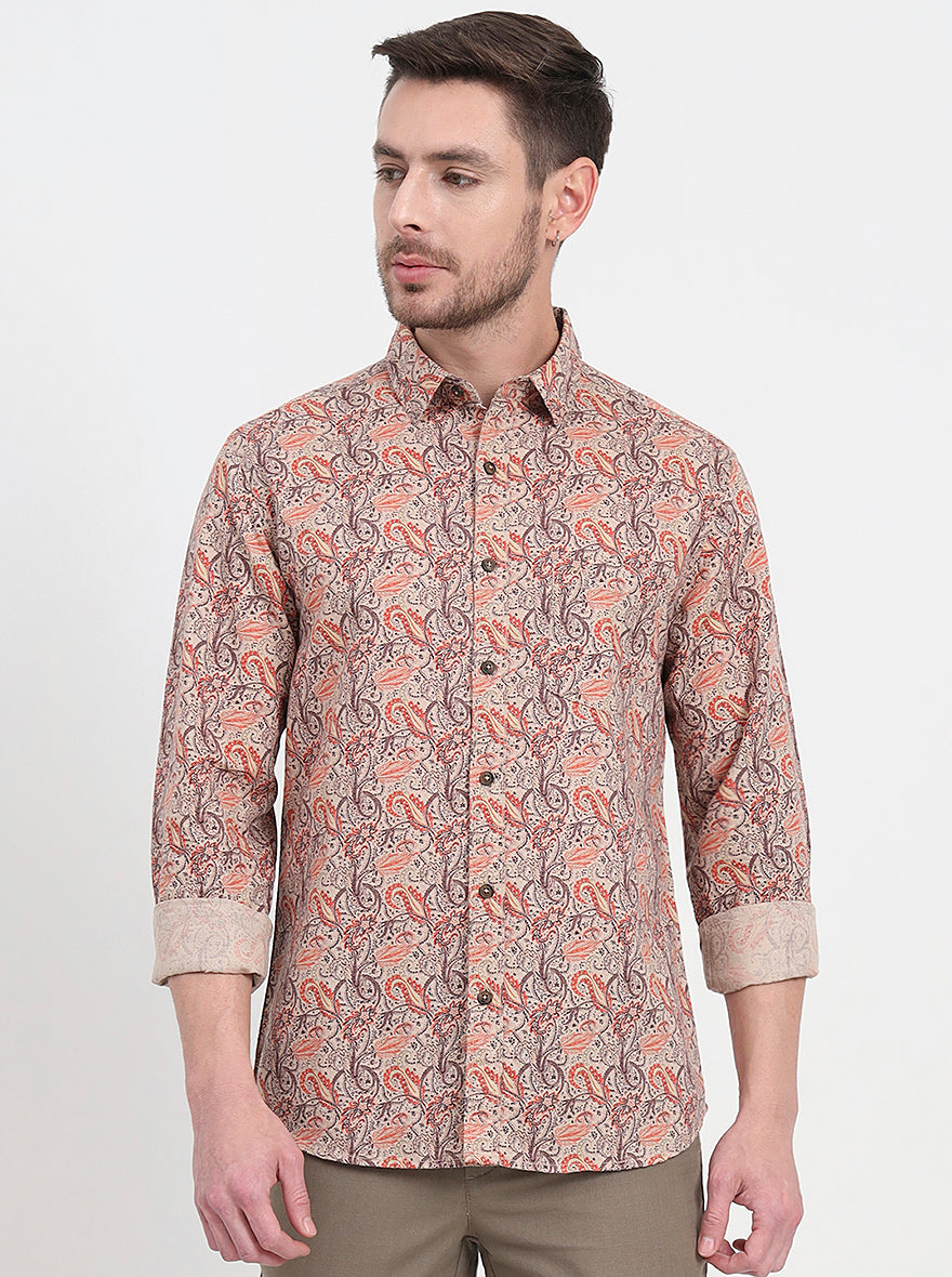 Beige & Orange Printed Slim Fit Casual Shirt | JadeBlue