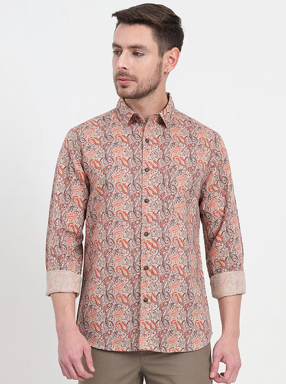 Beige & Orange Printed Slim Fit Casual Shirt | JadeBlue