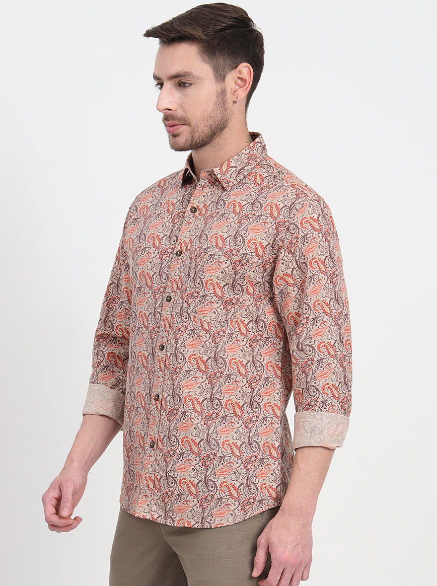 Beige & Orange Printed Slim Fit Casual Shirt | JadeBlue