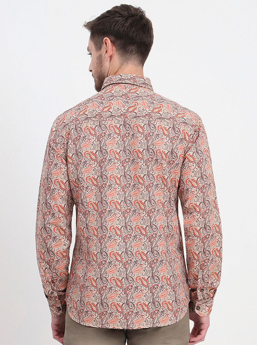 Beige & Orange Printed Slim Fit Casual Shirt | JadeBlue