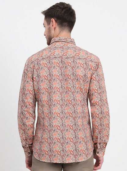 Beige & Orange Printed Slim Fit Casual Shirt | JadeBlue
