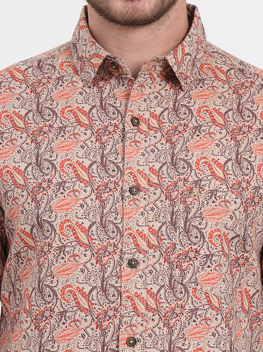Beige & Orange Printed Slim Fit Casual Shirt | JadeBlue