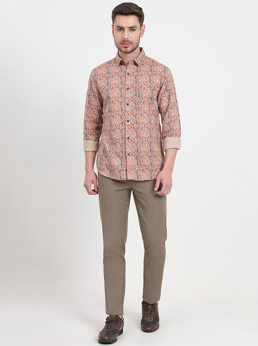 Beige & Orange Printed Slim Fit Casual Shirt | JadeBlue
