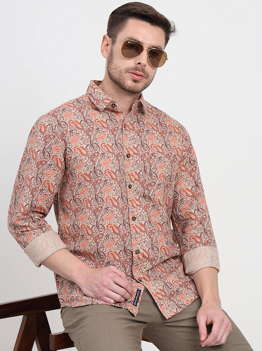 Beige & Orange Printed Slim Fit Casual Shirt | JadeBlue
