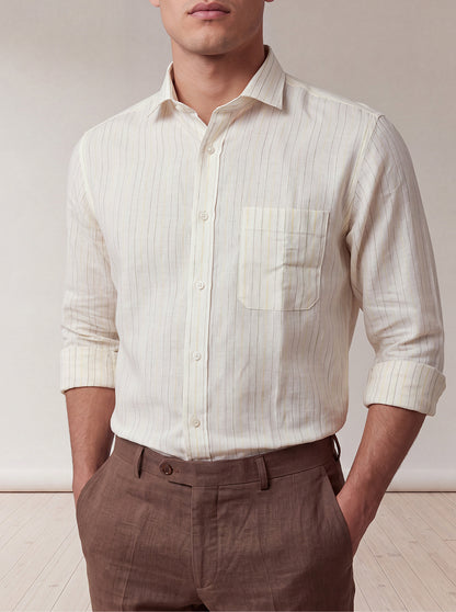 Beige & White Striped Slim Fit Formal Shirt | JadeBlue