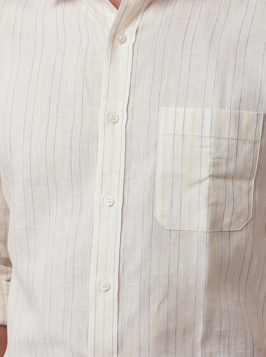 Beige & White Striped Slim Fit Formal Shirt | JadeBlue