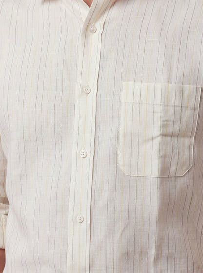 Beige & White Striped Slim Fit Formal Shirt | JadeBlue