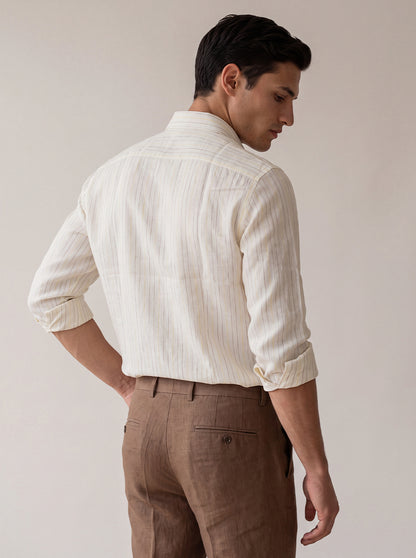 Beige & White Striped Slim Fit Formal Shirt | JadeBlue