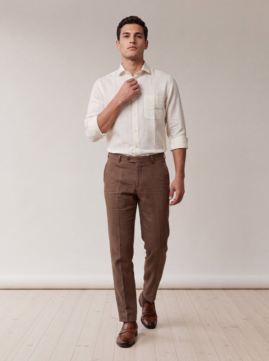 Beige & White Striped Slim Fit Formal Shirt | JadeBlue