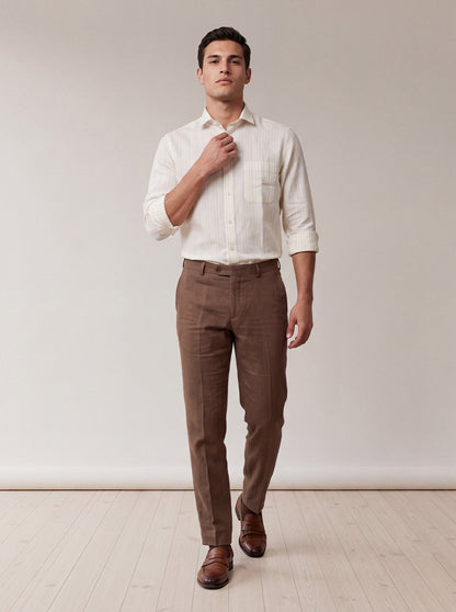 Beige & White Striped Slim Fit Formal Shirt | JadeBlue