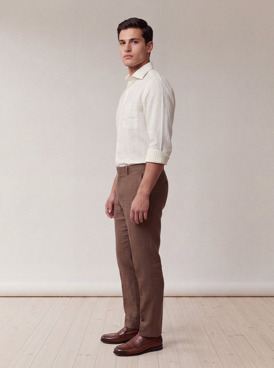 Beige & White Striped Slim Fit Formal Shirt | JadeBlue