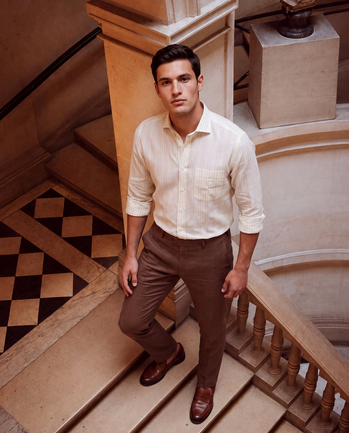 Beige & White Striped Slim Fit Formal Shirt | JadeBlue