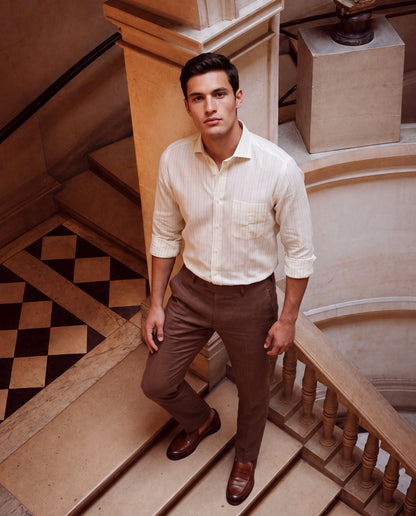 Beige & White Striped Slim Fit Formal Shirt | JadeBlue