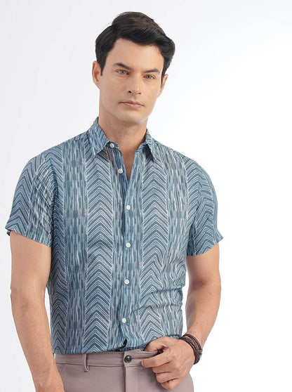 Blue Printed Slim Fit Casual Shirt | JadeBlue