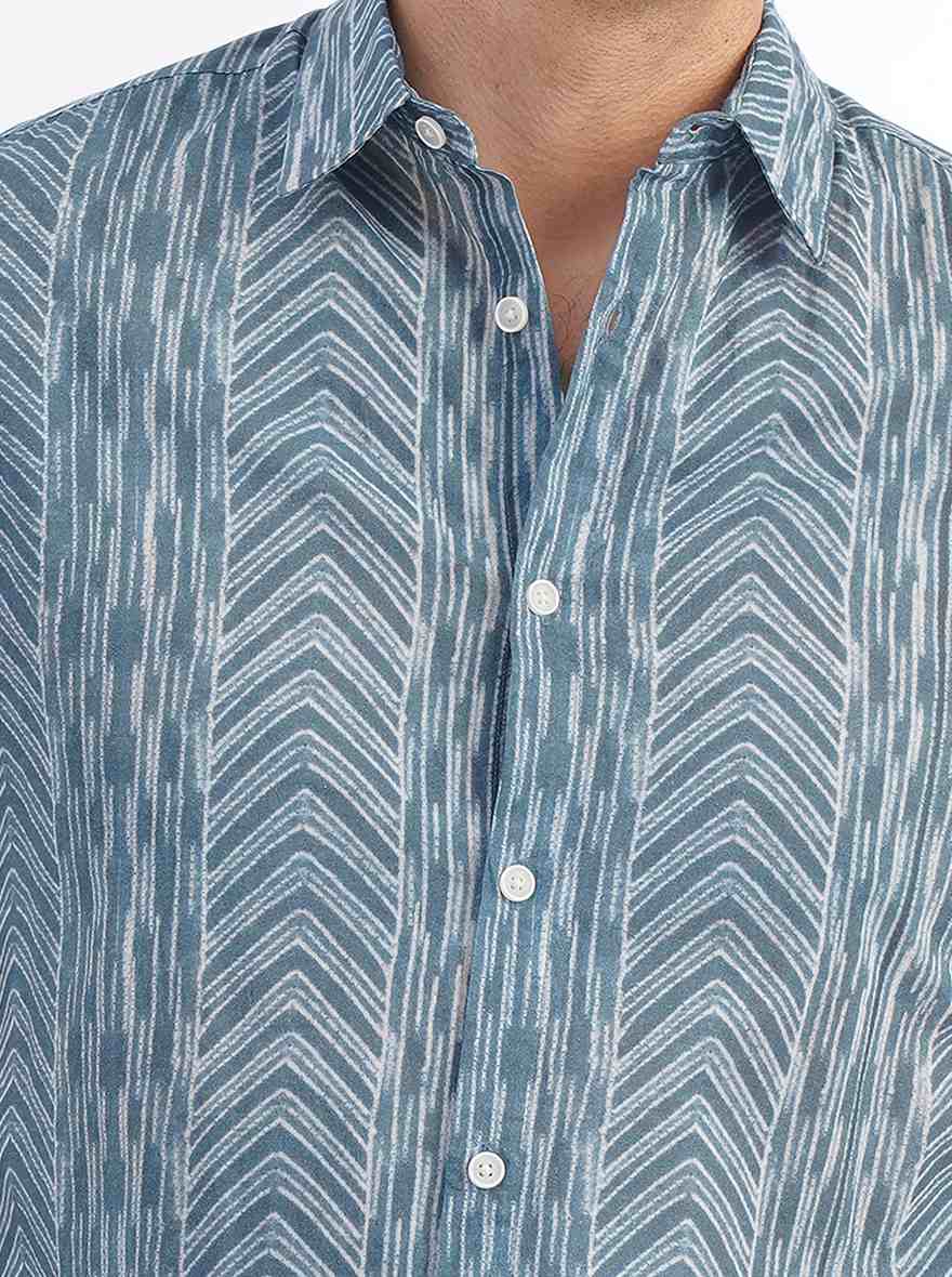 Blue Printed Slim Fit Casual Shirt | JadeBlue