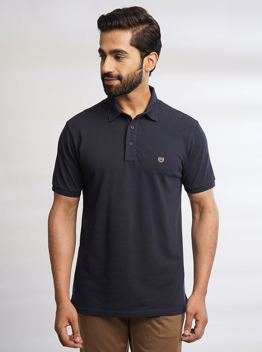 Navy Blue Solid Slim Fit Polo T-Shirt | JadeBlue