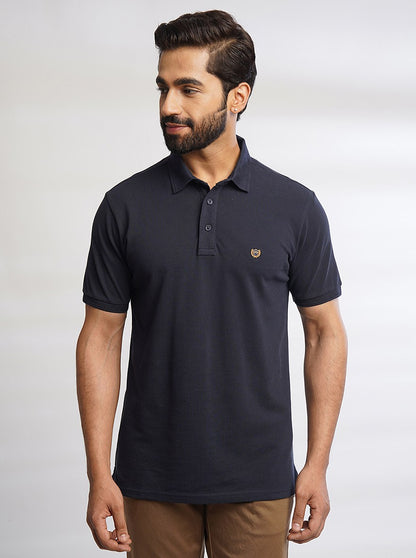 Navy Blue Solid Slim Fit Polo T-Shirt | JadeBlue