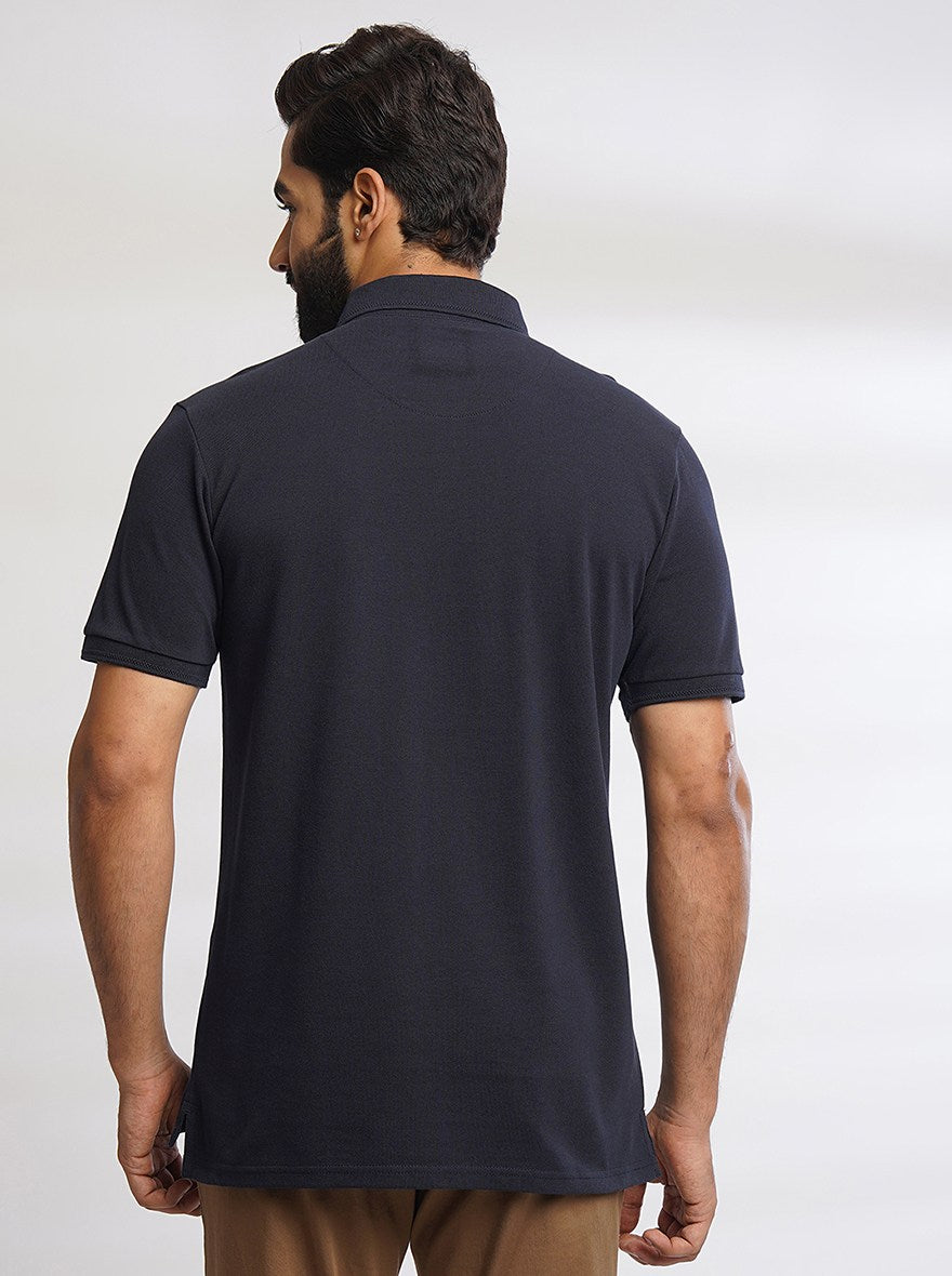 Navy Blue Solid Slim Fit Polo T-Shirt | JadeBlue